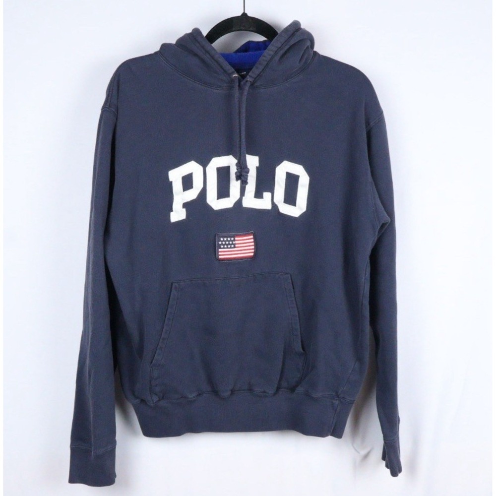 Polo Sport 90s Hoodie Navy White Script Spell Out Sweatshirt Large American Flag